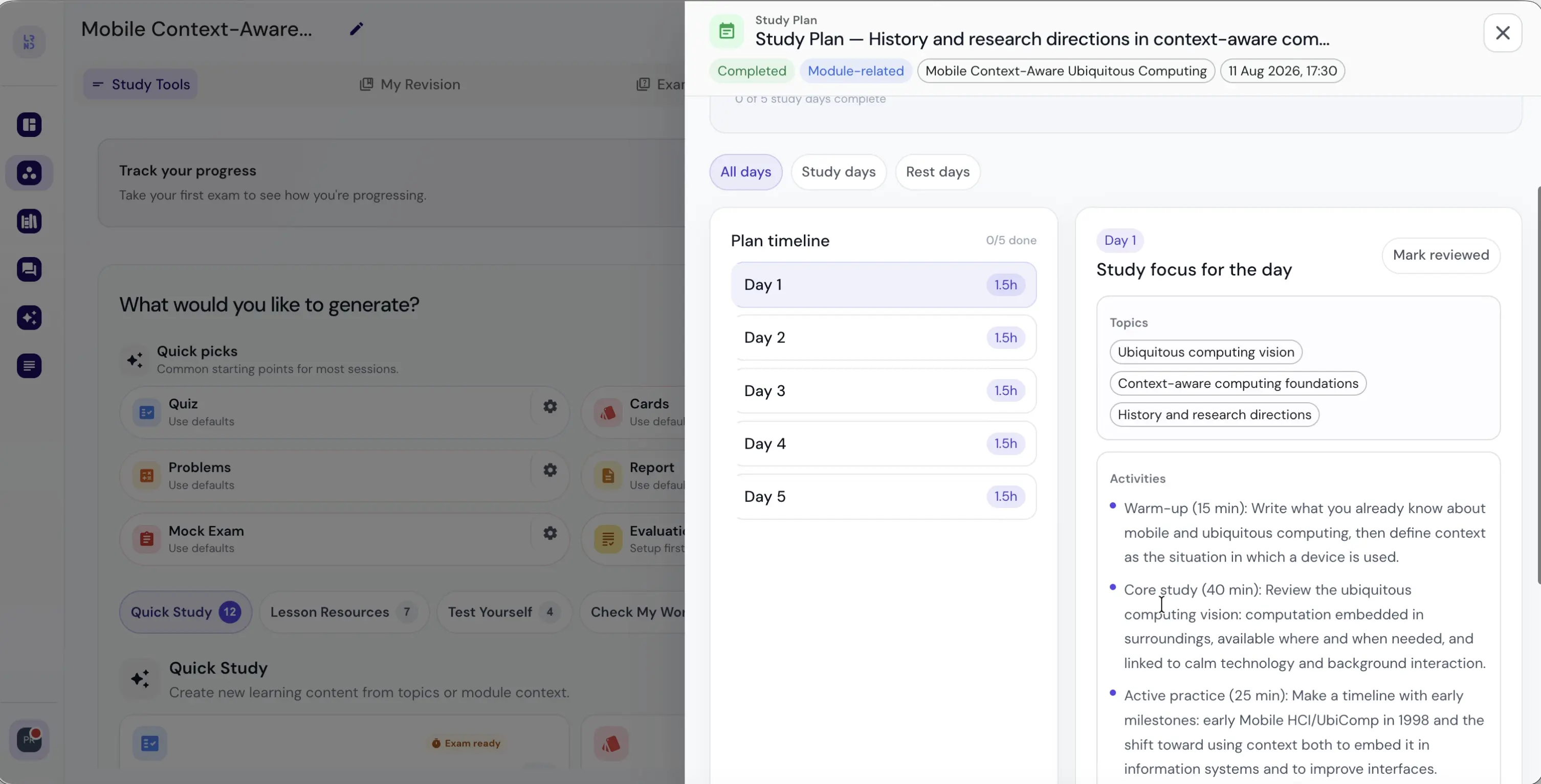 Learnd AI five-day study plan generated from module material, showing the plan dates, daily study time, topics and activities for each day