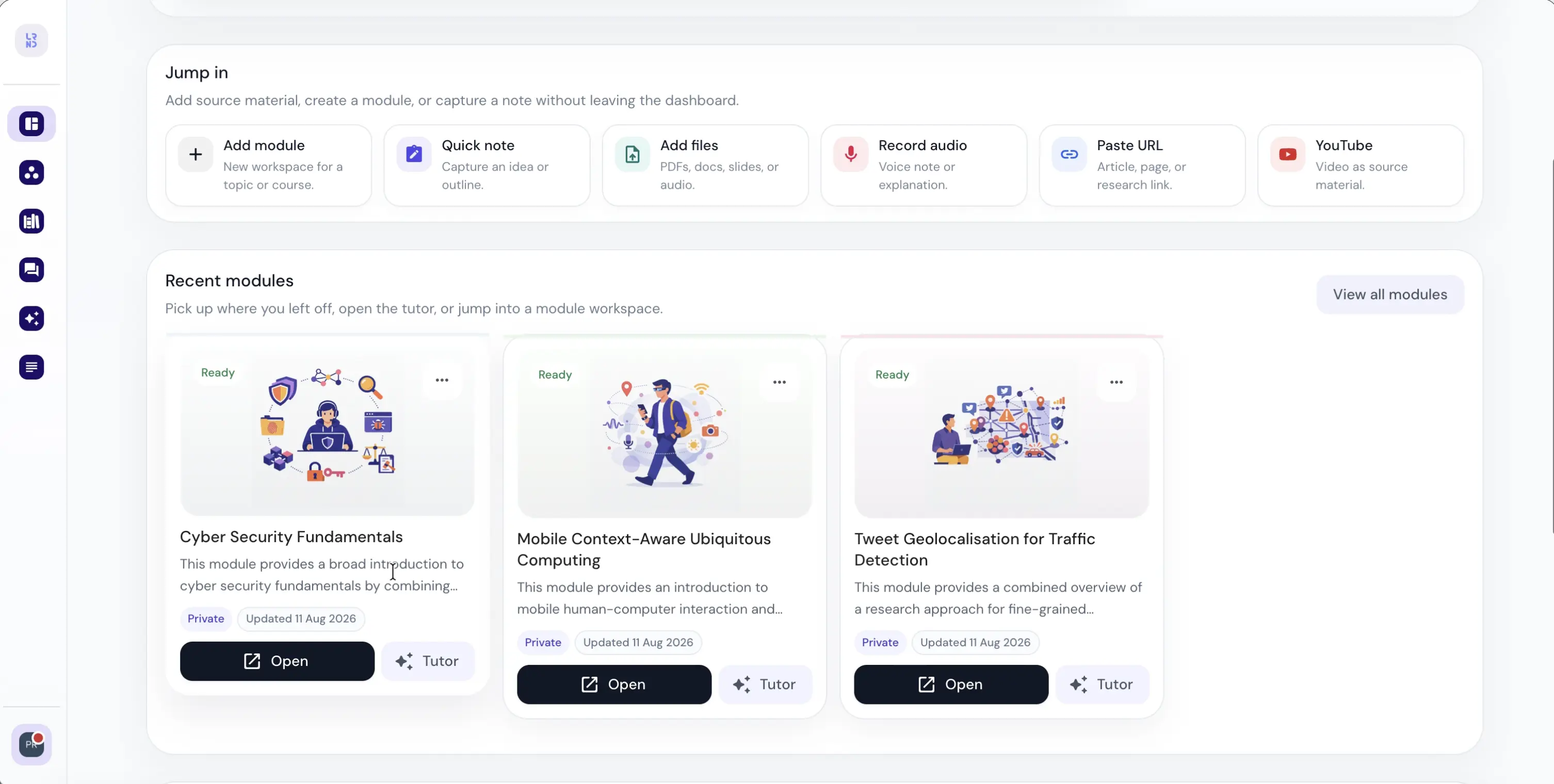 Learnd AI dashboard showing course modules, recent study activity and shortcuts for adding new source material