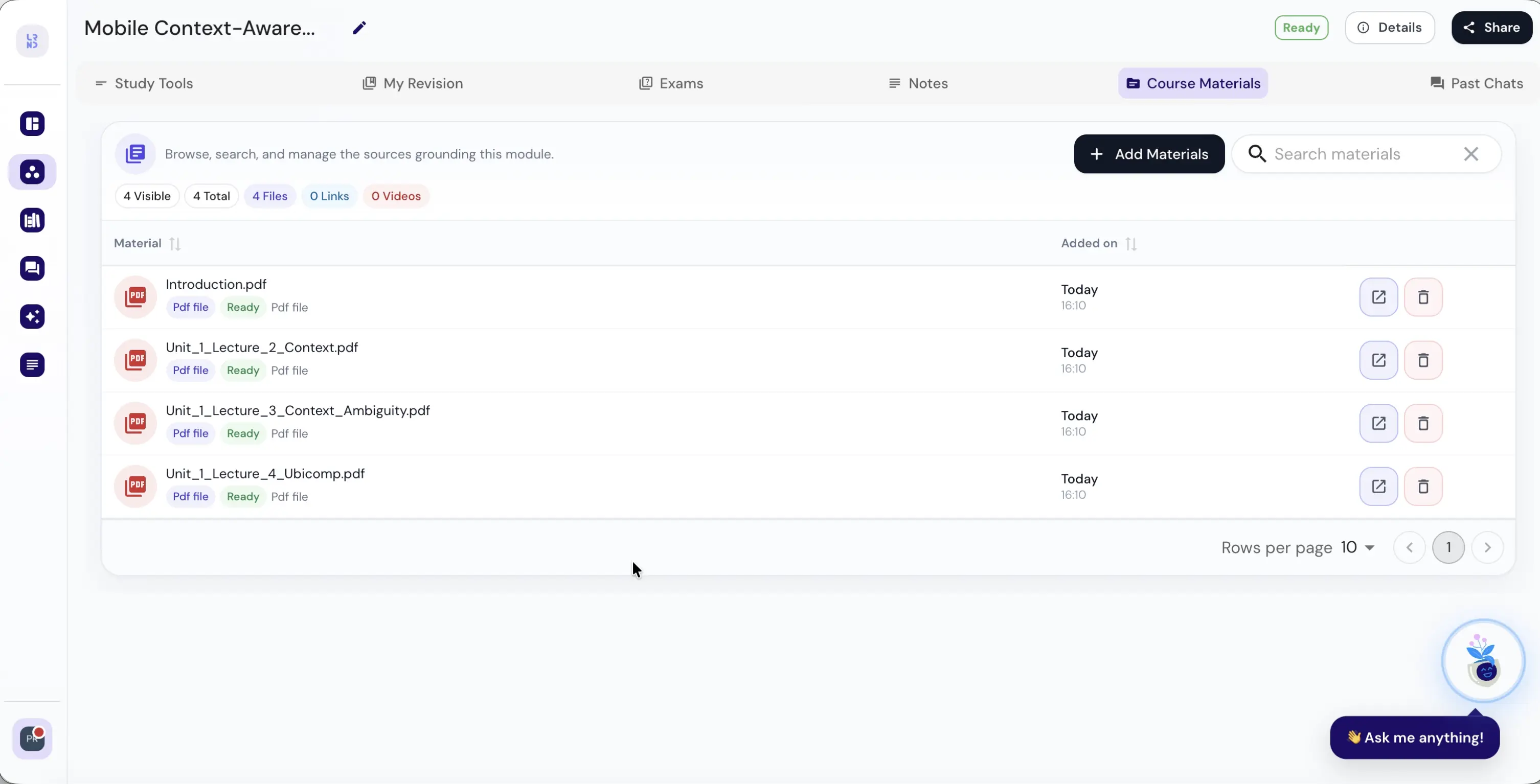 Course materials list inside a Learnd AI module showing uploaded lecture PDFs and notes