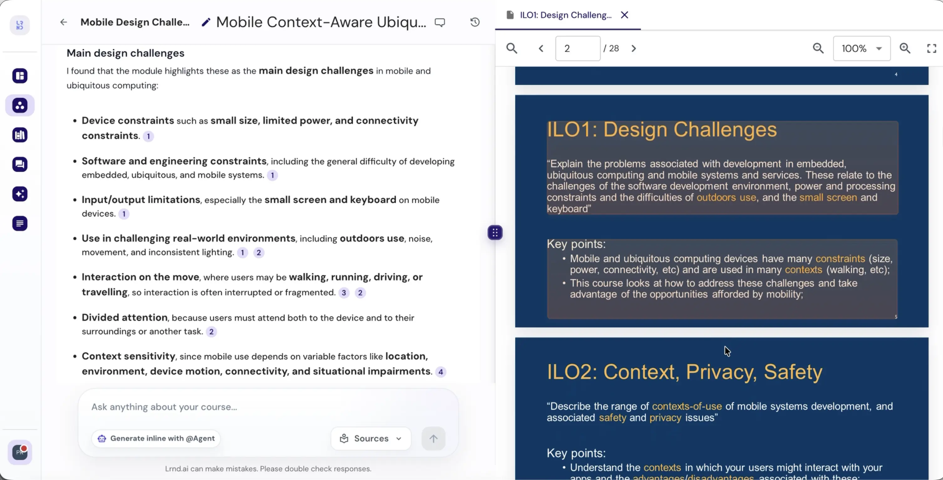 Learnd AI tutor answer grounded in module sources, with numbered citations that open the original lecture page