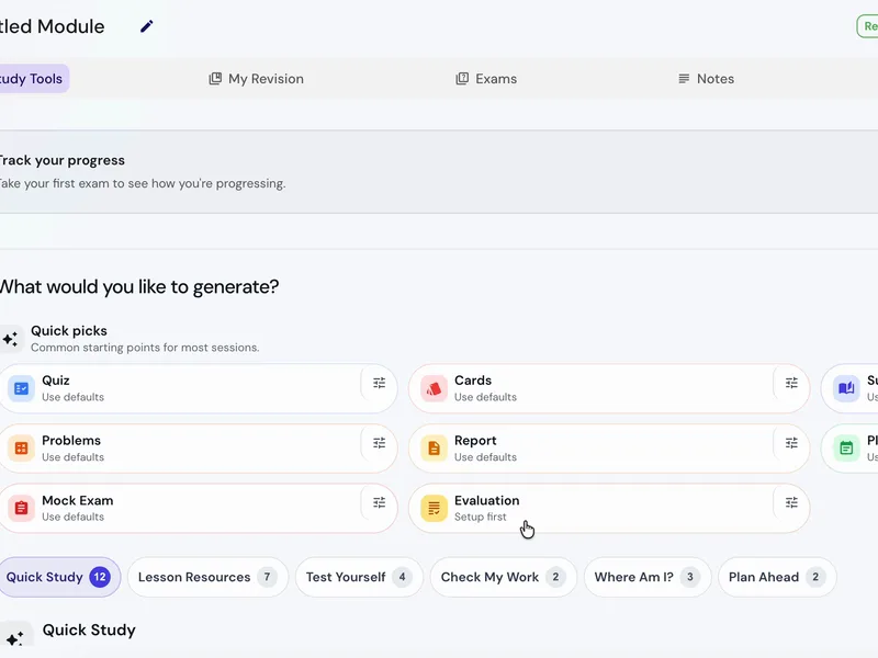 LRND dashboard showing flashcards, quiz, mock exam, and AI tutor generated from a module